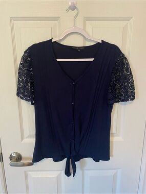 Adrienne Vittadini Navy Lace-Sleeve Tie-Front Blouse